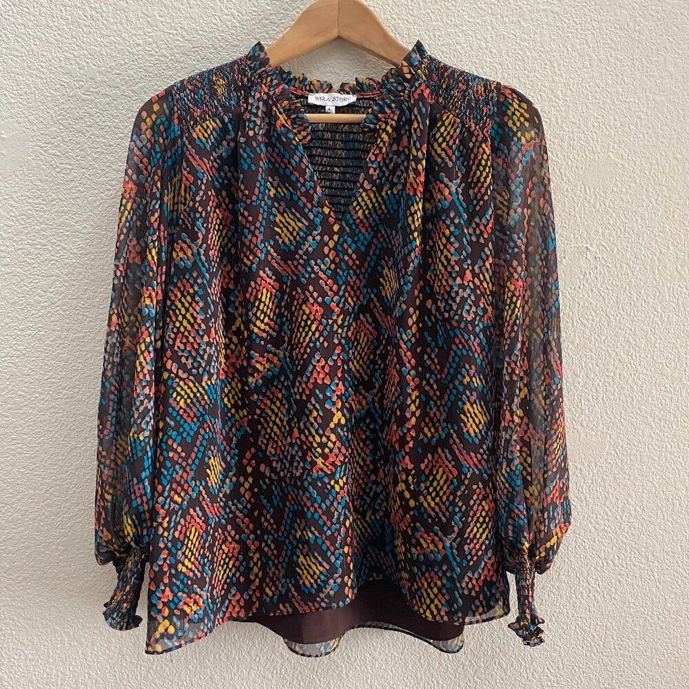 Willa Story Peasant Shirt Top Lined Large Smocked Multi-Color Blouse Casual